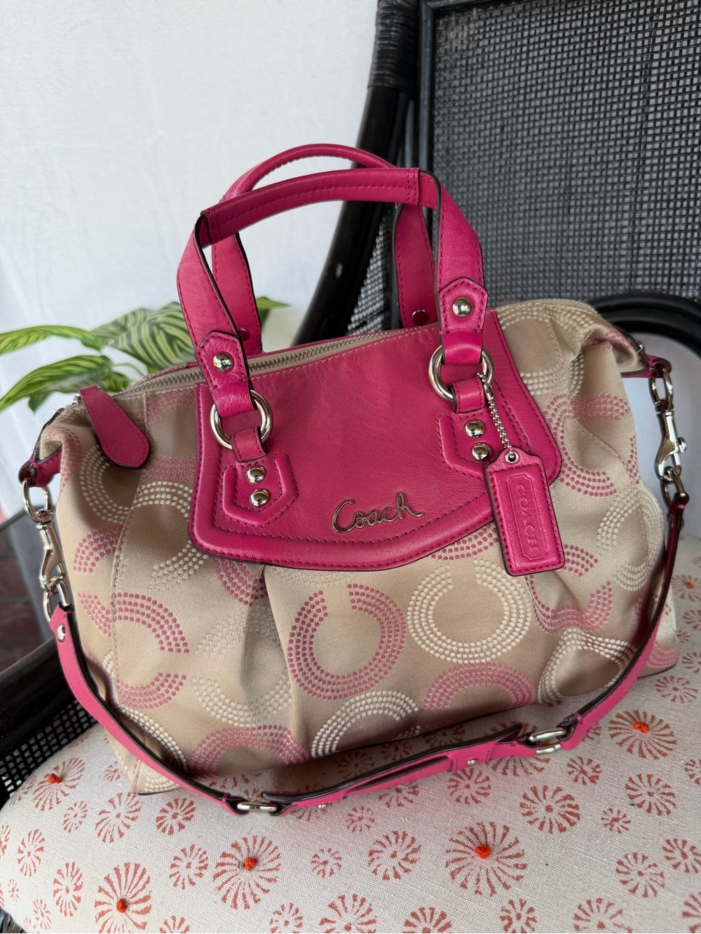 Coach Beige Signature Canvas Hobo with Pink Trim